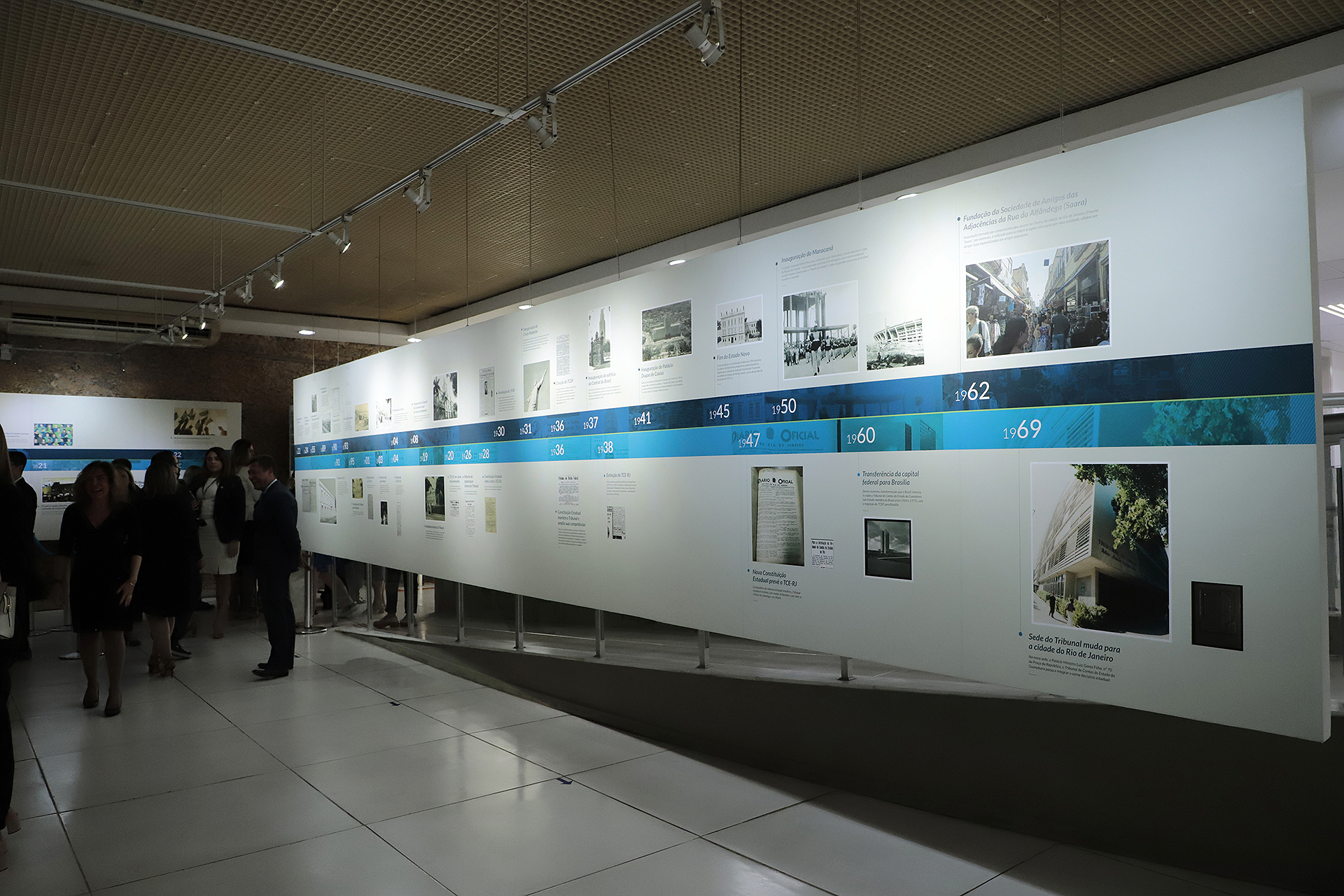 Registro do painel principal da linha do tempo da exposição 130 anos de história do TCE-RJ