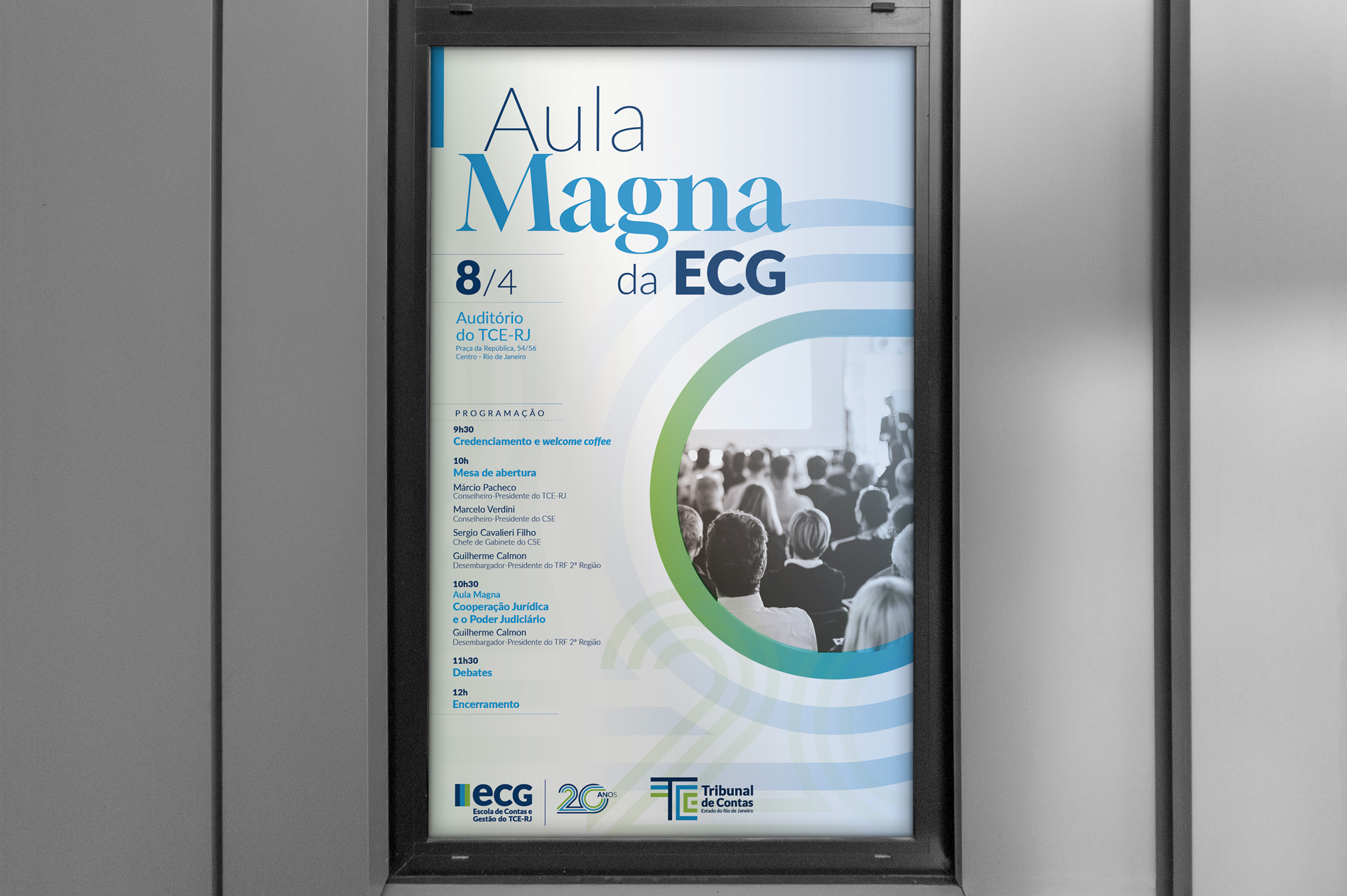 Cartaz com a aplicação da marca de 20 anos da ECG.